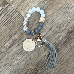 Gray and White Beaded Keychain with Tassel